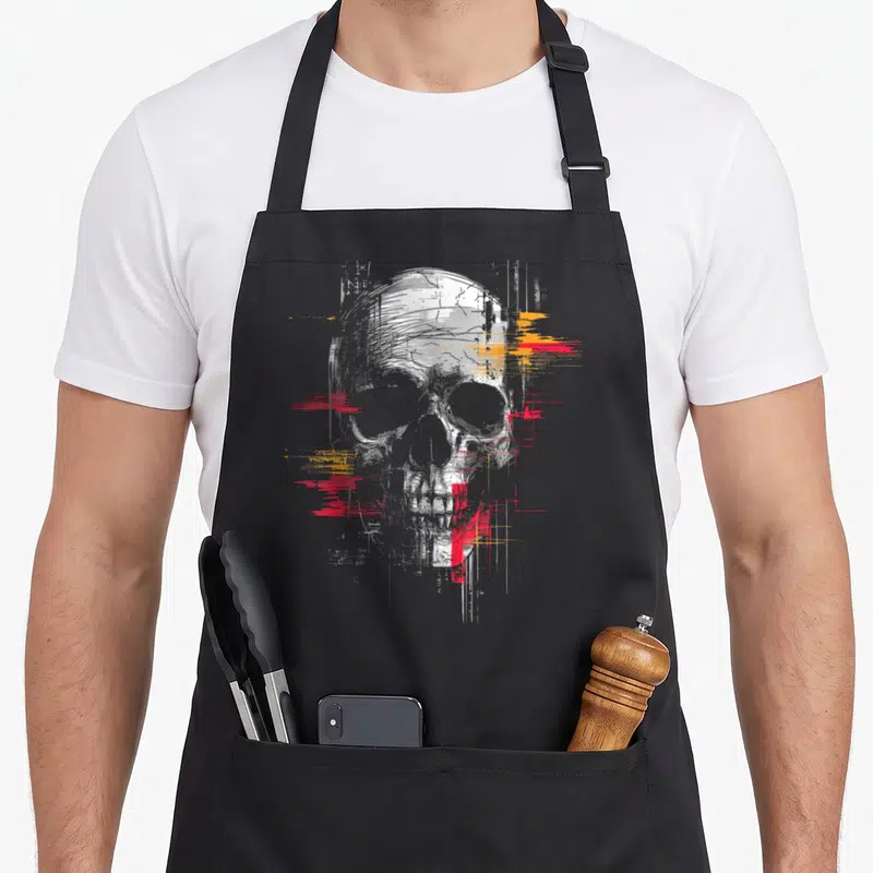 Tablier de cuisine noir avec illustration graphique de crâne aux touches de rouge et jaune.