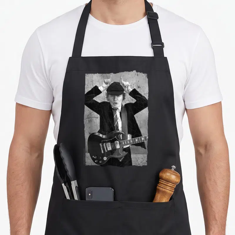 Tablier de cuisine noir avec photographie Angus Young chapeau et guitare électrique style rock vintage
