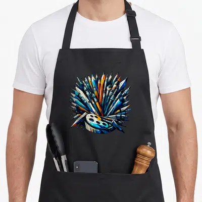 Tablier de cuisine noir avec illustration géométrique de crayons colorés et palette de peinture en forme de hémicycle.