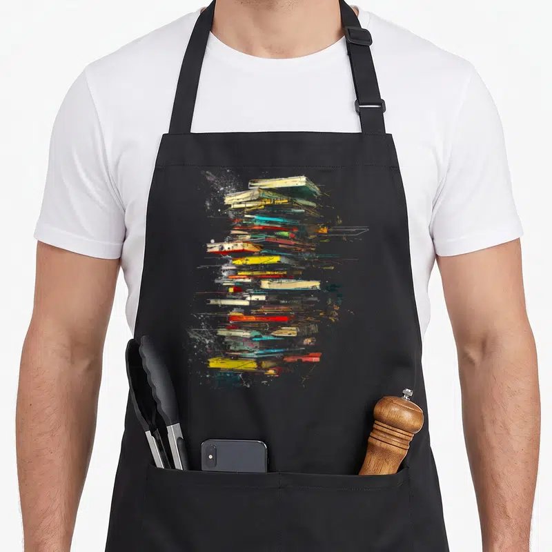 Tablier de cuisine noir avec une illustration colorée représentant une pile de livres abstraits et graphiques.