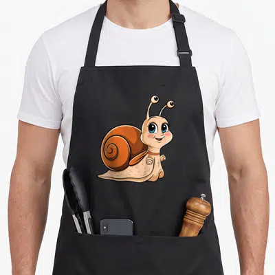 Tablier de cuisine noir avec un escargot cartoon souriant aux grands yeux bleus et à la coquille spirale orange.