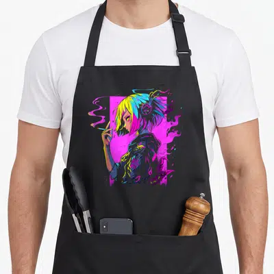 Tablier de cuisine noir avec illustration d'une fille aux cheveux jaune et bleu fumant une cigarette dans un style cyberpunk magenta.