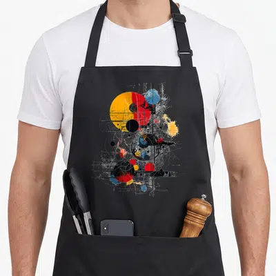 Tablier de cuisine noir avec art dessin abstrait géométrique graphique motif couleur vive.