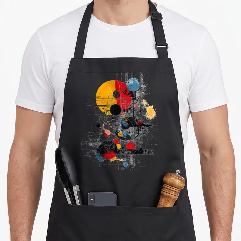 Tablier de cuisine noir avec art dessin abstrait géométrique graphique motif couleur vive.