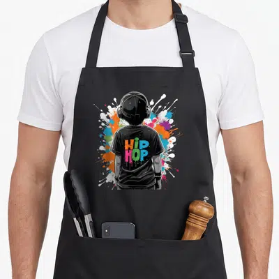 Tablier de cuisine noir avec illustration d'enfant portant des écouteurs et texte Hip-hop multicolore sur fond d'éclaboussures.