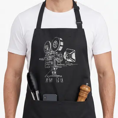 Tablier de cuisine noir avec illustration blanche d'une caméra de film vintage sur trépied.