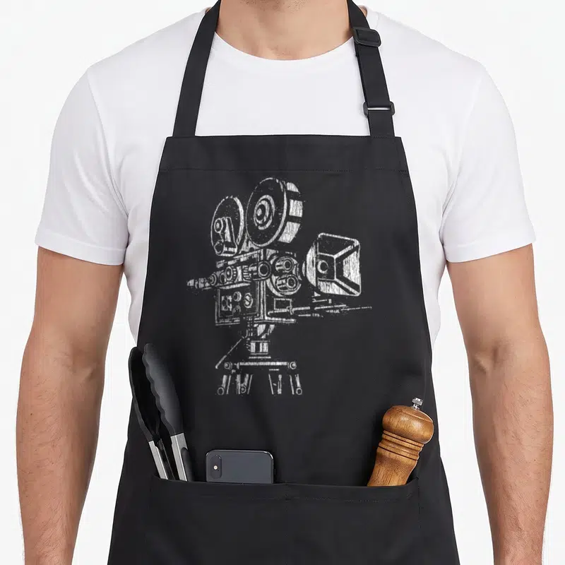 Tablier de cuisine noir avec illustration blanche d'une caméra de film vintage sur trépied.