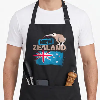 Tablier de cuisine noir avec illustration d'un kiwi tenant une pancarte New Zealand sur le drapeau national.