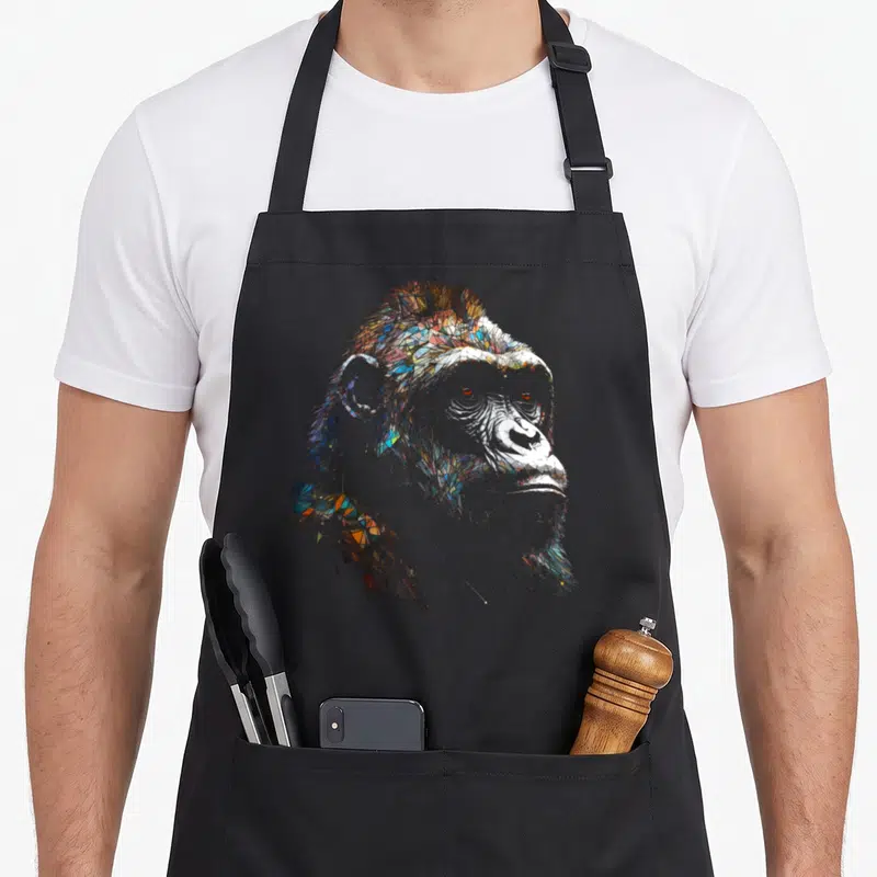 Tablier de cuisine noir avec illustration de gorille en mosaïque colorée et traits fins détaillés sur fond uni.