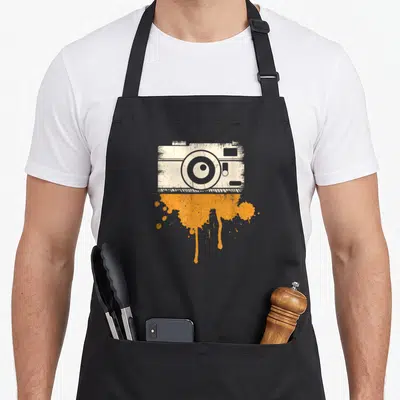 Tablier de cuisine noir avec illustration d'appareil photo blanc et éclaboussure orange en bas du motif central.