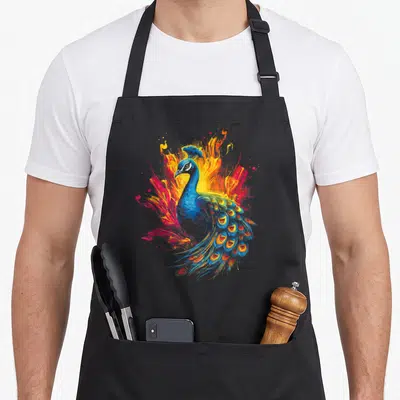 Tablier de cuisine noir avec illustration colorée d'un paon aux plumes majestueuses et éclats flamboyants.