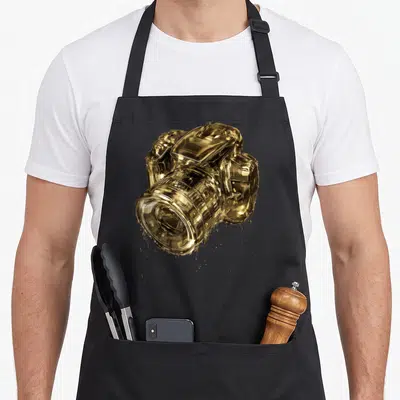Tablier de cuisine noir avec une caméra dorée fondante en relief imprimé au centre du torse.