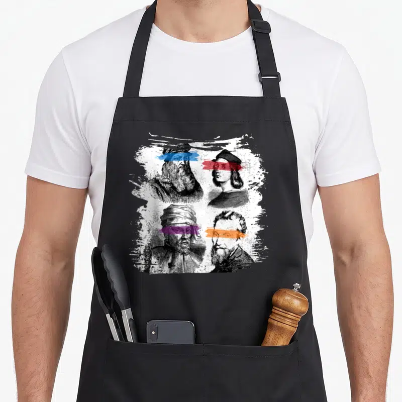 Tablier de cuisine noir avec quatre portraits d'artistes renaissance aux yeux barrés par des traits de couleur vive.