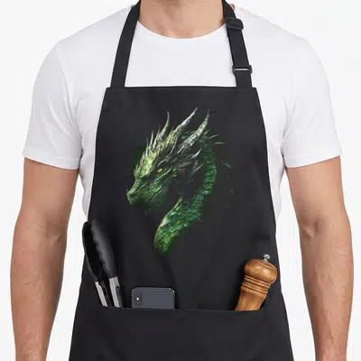 Tablier de cuisine noir avec tête de dragon vert aux écailles détaillées et yeux jaunes brillants.
