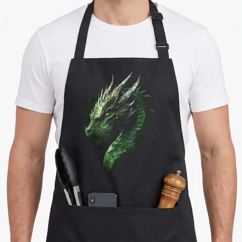 Tablier de cuisine noir avec tête de dragon vert aux écailles détaillées et yeux jaunes brillants.