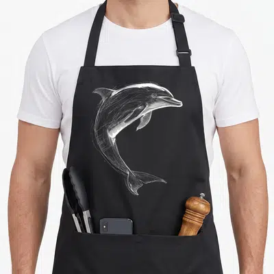 Tablier de cuisine noir avec un dauphin dessiné en art graphique blanc, illustration détaillée et stylisée sur fond uni.