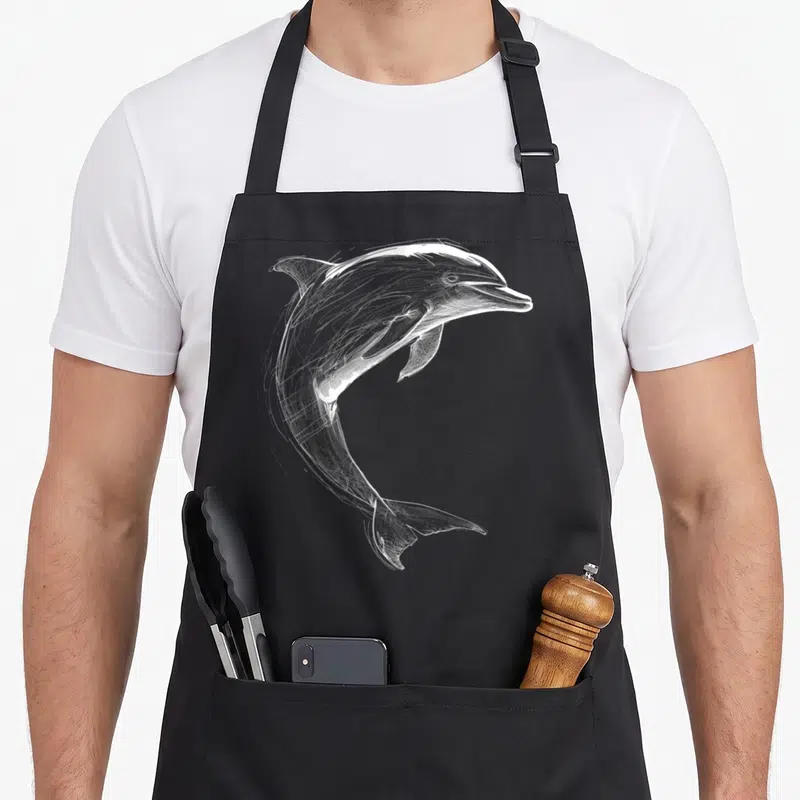 Tablier de cuisine noir avec un dauphin dessiné en art graphique blanc, illustration détaillée et stylisée sur fond uni.