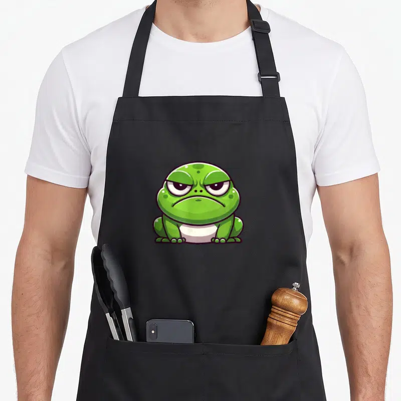 Tablier de cuisine noir avec un crapaud vert grognon de dessin animé au regard mécontent imprimé sur le devant.
