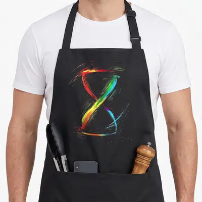 Tablier de cuisine noir avec un sablier dessin coloré en art abstrait aux traits vifs et couleurs arc-en-ciel.