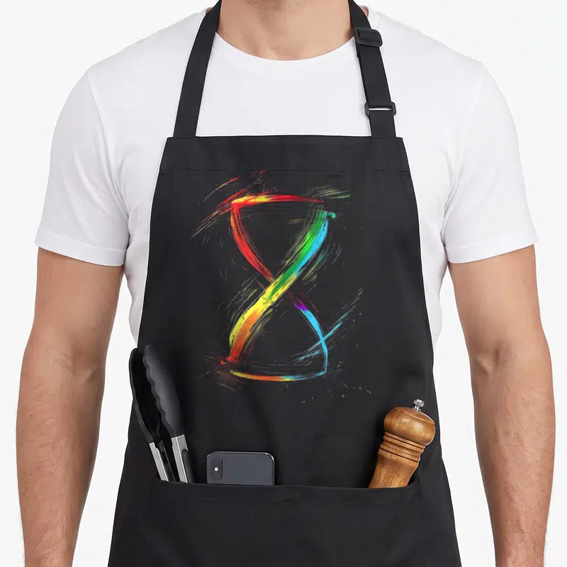 Tablier de cuisine noir avec un sablier dessin coloré en art abstrait aux traits vifs et couleurs arc-en-ciel.