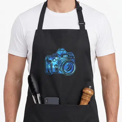 Tablier de cuisine noir avec un appareil photo dessiné en motif camouflage bleu et gris sur le devant.