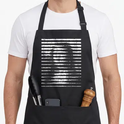 Tablier de cuisine noir avec motif bandes blanches horizontales formant un portrait optical Mona Lisa en style art da Vinci.