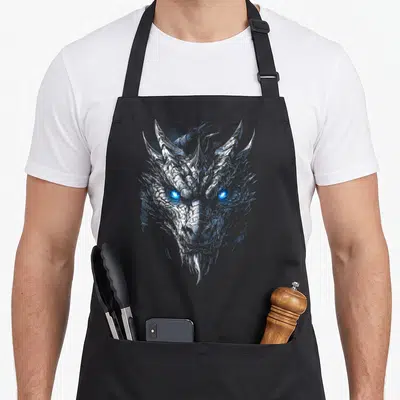 Tablier de cuisine noir avec illustration détaillée d'une tête de dragon aux yeux bleus lumineux et textures argentées.