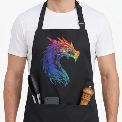 Tablier de cuisine noir avec tête de dragon dessin graphique aux couleurs arc-en-ciel et yeux lumineux bleus.
