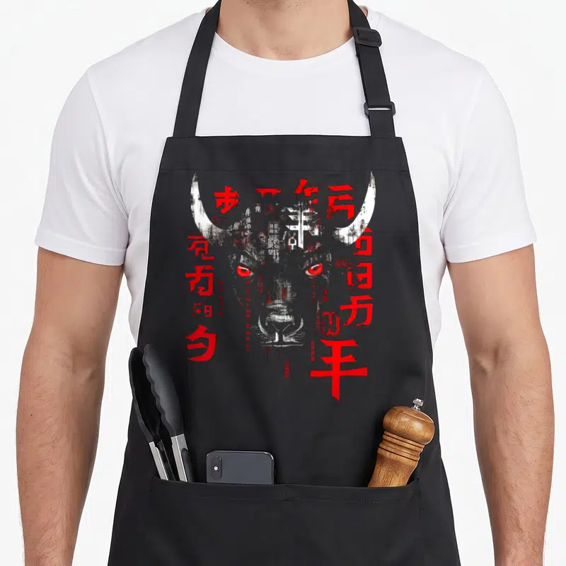 Tablier de cuisine noir avec tête de taureau rouge et symboles calligraphiques imprimés au centre.