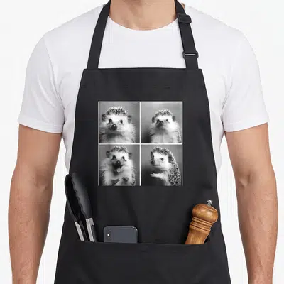Tablier de cuisine noir avec une composition photographique montrant un hérisson aux multiples expressions comiques.