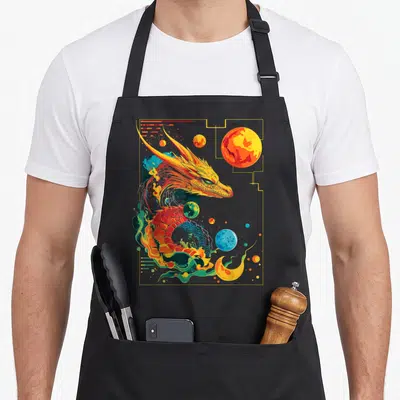 Tablier de cuisine noir avec illustration d'un dragon aux couleurs vives entouré de planètes et de motifs géométriques dorés.