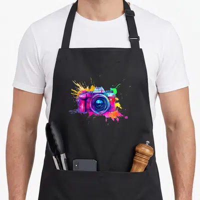 Tablier de cuisine noir avec appareil photo stylisé aux couleurs vives et éclaboussures artistiques.