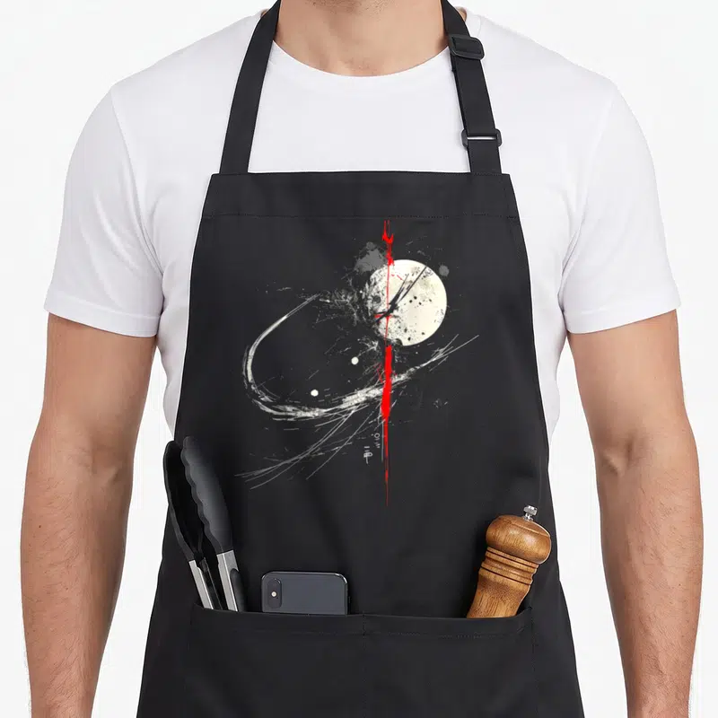Tablier de cuisine noir avec une illustration graphique d'une lune blanche traversée par une ligne rouge verticale et des éclats noirs.