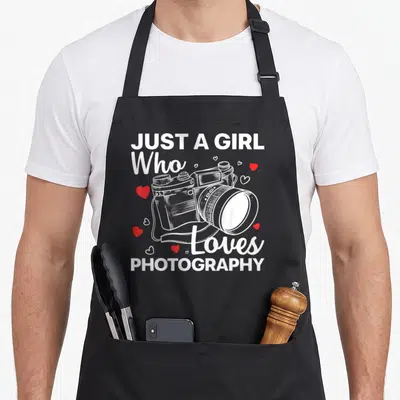Tablier de cuisine noir avec illustration blanche d'un appareil photo et cœurs rouges.