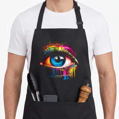 Tablier de cuisine noir avec un grand yeux peint en abstrait aux couleurs vives et coulures de peinture.