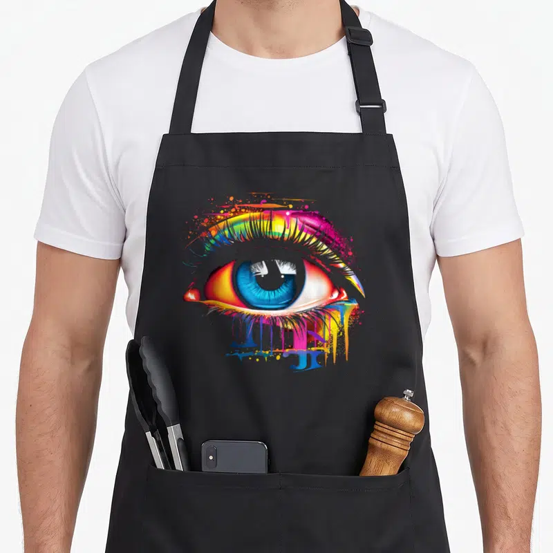 Tablier de cuisine noir avec un grand yeux peint en abstrait aux couleurs vives et coulures de peinture.