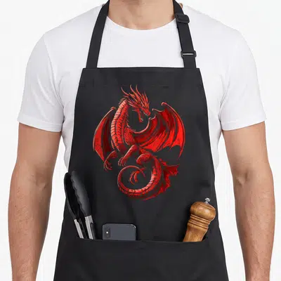 Tablier de cuisine noir avec illustration d'un dragon rouge aux ailes déployées et écailles détaillées.