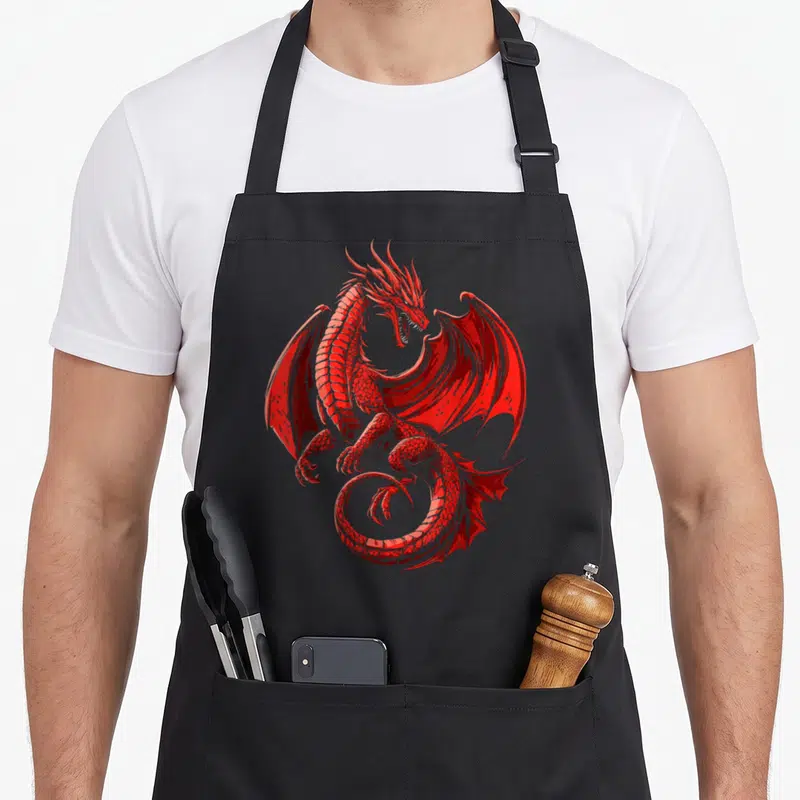 Tablier de cuisine noir avec illustration d'un dragon rouge aux ailes déployées et écailles détaillées.