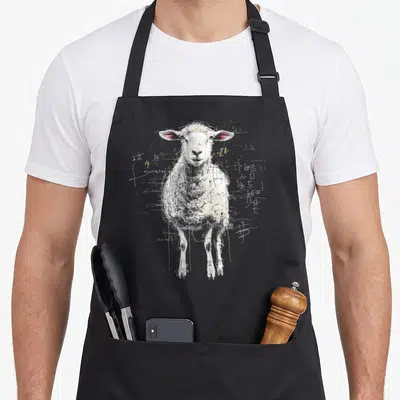 Tablier de cuisine noir avec illustration mouton art abstrait dessin animal blanc et touches de rouge