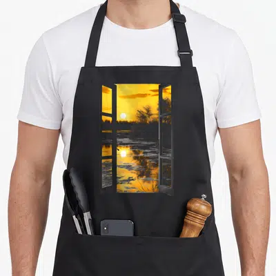 Tablier de cuisine noir avec illustration d'une fenêtre ouverte sur un paysage au coucher de soleil orange et gris.