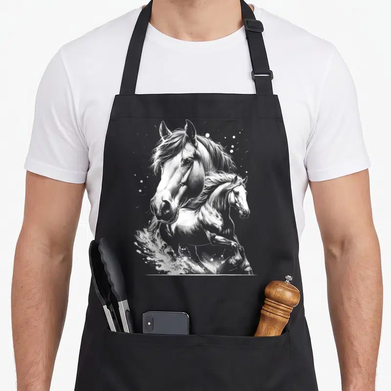 Tablier de cuisine noir avec illustration blanche d'un cheval au portrait photoréaliste et dynamique