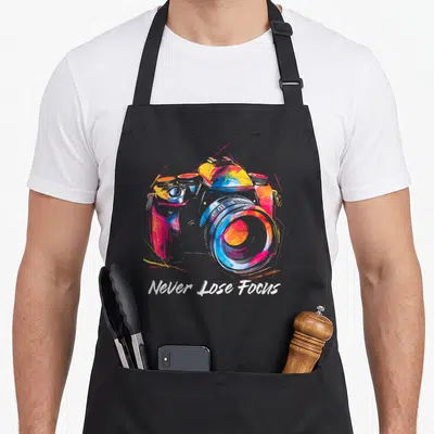 Tablier de cuisine noir avec illustration colorée d'un appareil photo et texte blanc Never Lose Focus en bas du motif.