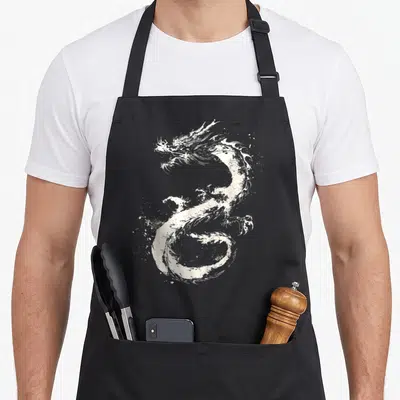 Tablier de cuisine noir avec un dragon dessiné en peinture blanche aux traits graphiques et artistiques.
