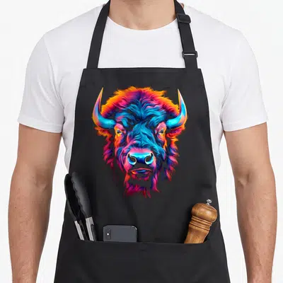 Tablier de cuisine noir avec un portrait graphique coloré d'un bison aux teintes néon bleu et orange.