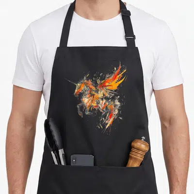 Tablier de cuisine noir avec une illustration graphique abstraite d'un Pegasus aux couleurs vives orange et noire en mouvement.