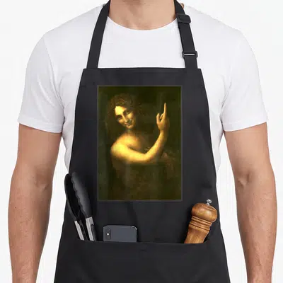 Tablier de cuisine noir avec reproduction du Saint Jean Le Baptiste de Léonard de Vinci en tons sépia.