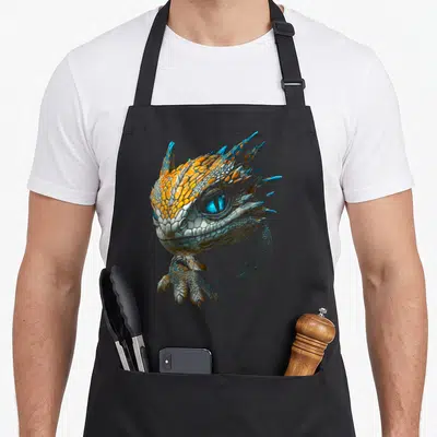 Tablier de cuisine noir avec une illustration de dragon aux yeux bleus et écailles orange et argentées.