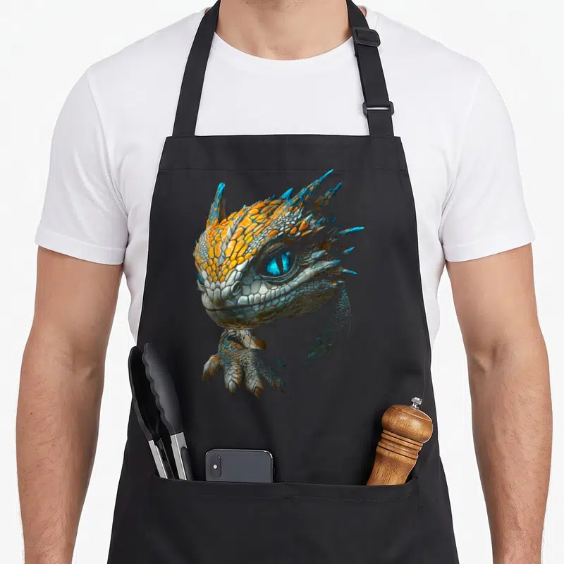 Tablier de cuisine noir avec une illustration de dragon aux yeux bleus et écailles orange et argentées.