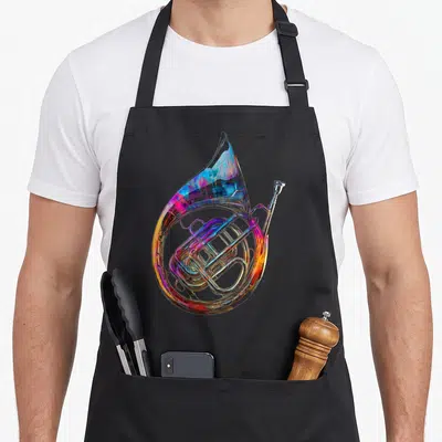 Tablier de cuisine noir avec illustration d'un cor français aux teintes irisées et reflets multicolores sur fond sombre.