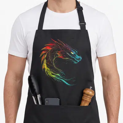 Tablier de cuisine noir avec tête de dragon colorée au dessin animal abstrait et art graphique.